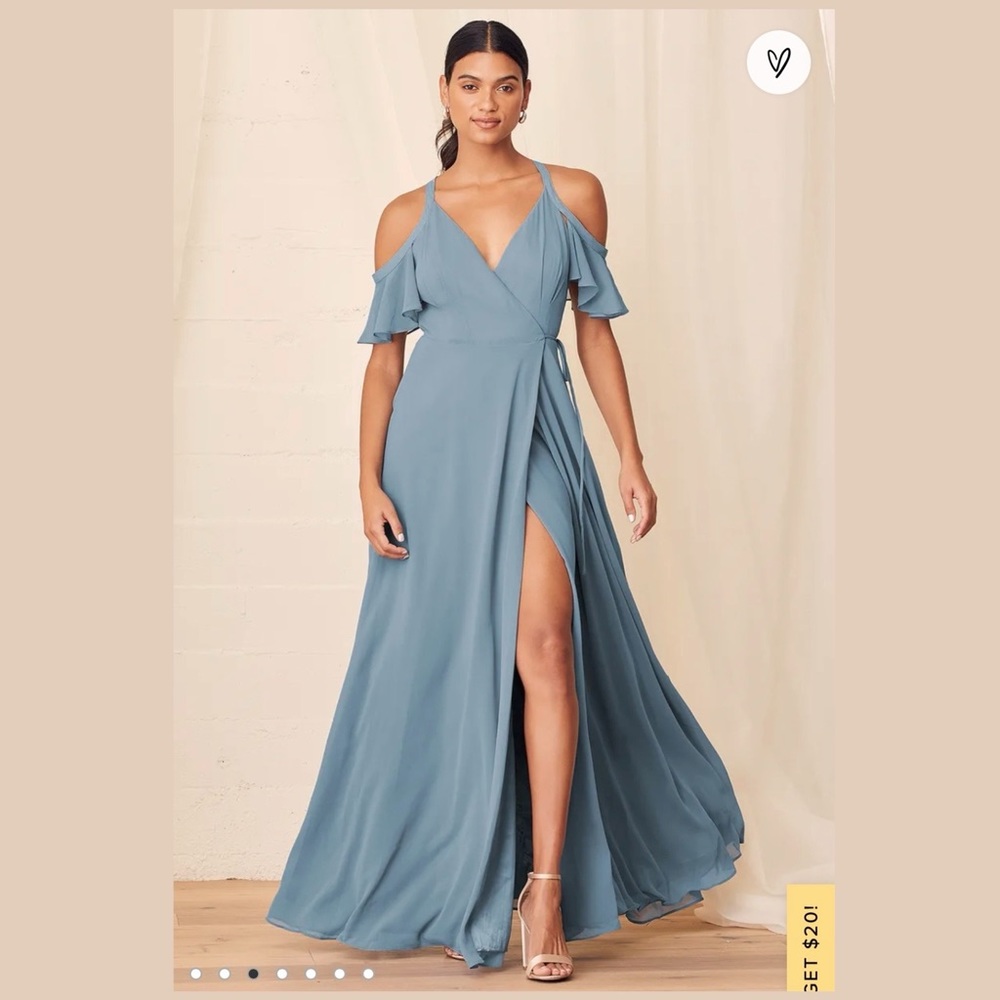 Lulus Easy Listening Slate Blue Cold-Shoulder Wrap Maxi Dress (Size S)